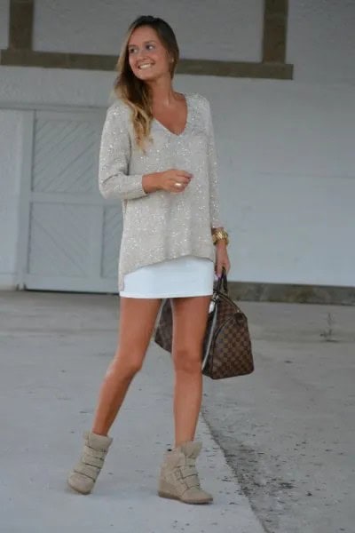 Pink V Neck Sequin Relaxed Fit Sweater with White Mini Shift Dress