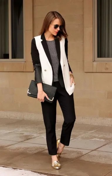 Black Blazer with White Long Vest & Gold Metallic Loafers