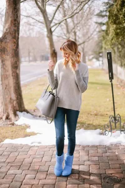 Grey and Ivory Sweater with Sky Blue Fluffy Ankle Boots