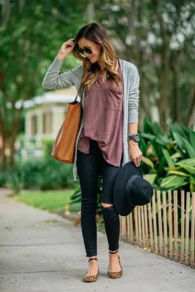 Grey Cardigan with Tunic Top & Leopard Print Ankle Strap Flats