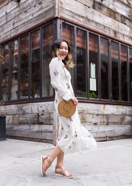 White Printed Maxi Chiffon Dress with Flat Sandals