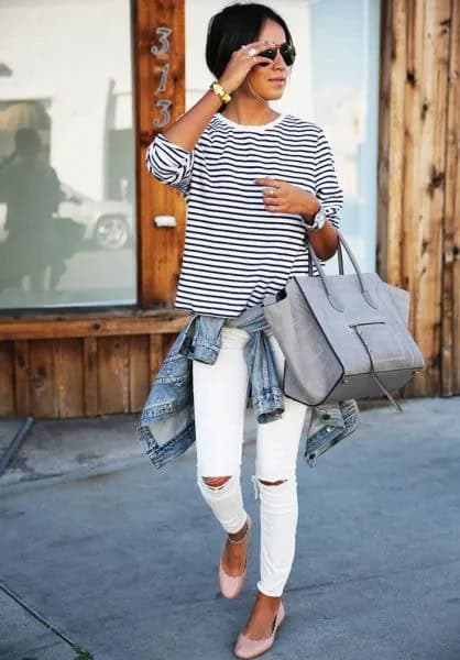 Black and White Striped Crew Neck Long Sleeve Tee with Ripped Slim Fit Jeans