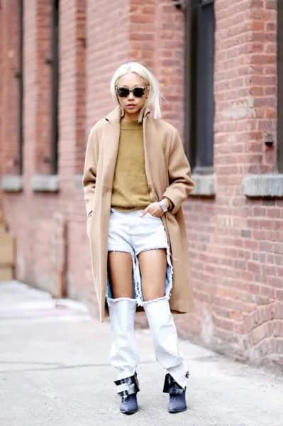 Blush Pink Long Wool Coat with Super Ripped White Jeans