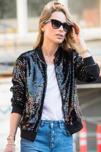 Black Sequin Blazer with White Tee & Button Front Jeans