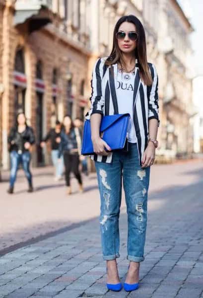 Black and White Vertical Striped Blazer with Ripped Boyfriend Jeans