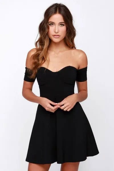 Black Off The Shoulder Sweetheart Neckline Skater Dress