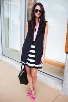 Black Sleeveless Longline Blazer with Striped Mini Skirt & Open Toe Heels