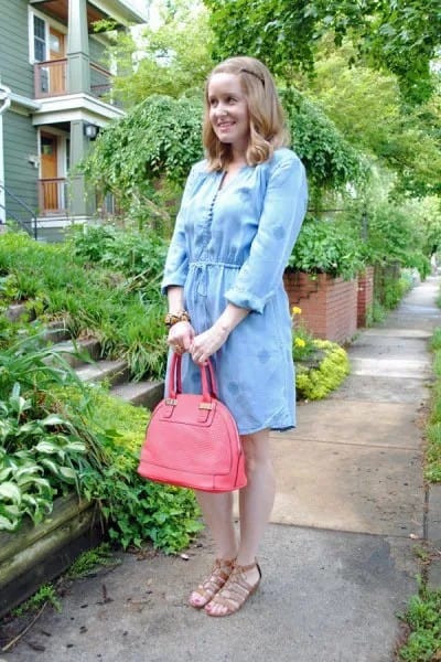 Light Blue Mini Chambray Dress with Pink Leather Purse