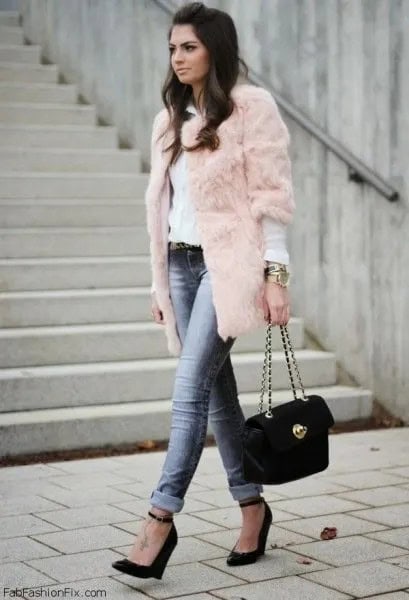 Three-Quarter Sleeve Pink Faux Fur Coat with White Blouse