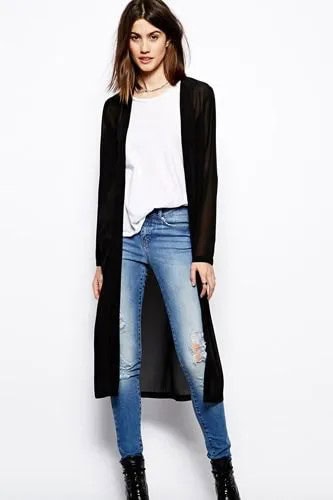 Black Midi Cardigan with White Tee & Blue Skinny Jeans