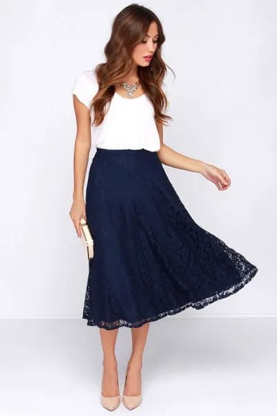 White Cap Sleeve T Shirt with Navy Midi Flared Skirt