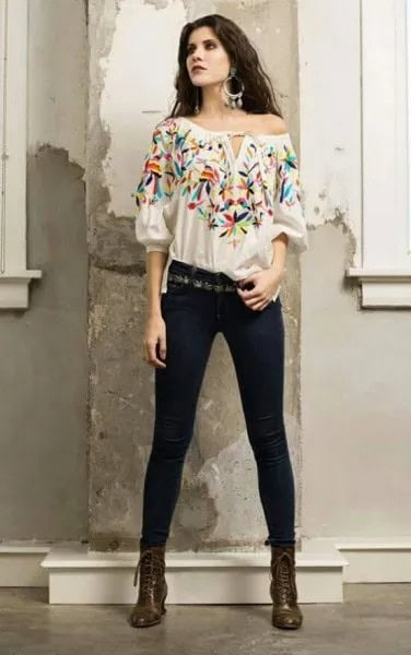 White Off The Shoulder Mexican Peasant Blouse with Dark Blue Skinny Jeans