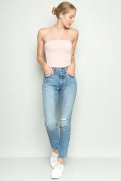 White Strapless Tube Top with Light Blue Ankle Skinny Jeans