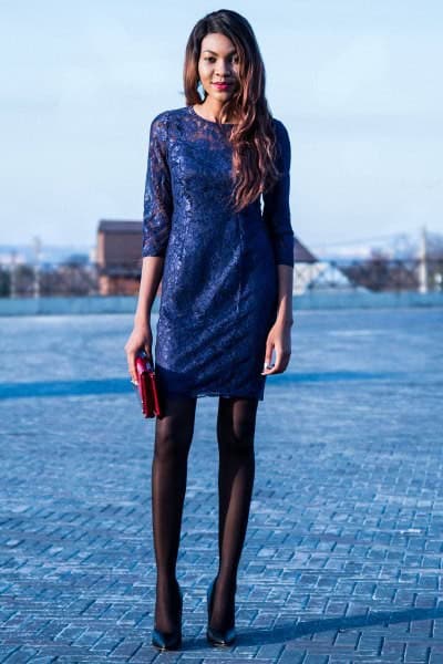 Half Sleeve Mini Dress with Black Stockings & Navy Heels