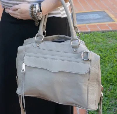 Pale Pink Soft Leather Handbag with Grey and White Striped Tee