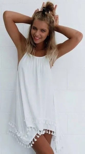 White Sleeveless Swing Tassel Dress