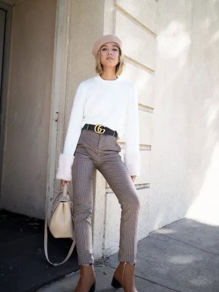 White Sweater with Pale Pink Painters Hat & Statement Belt