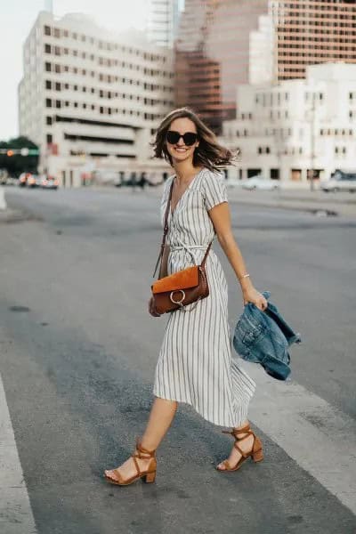 Grey and White Gathered Waist Flare Midi Dress with Red Heels