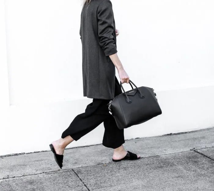 Black Slide Sandals with Black Tweed Long Blazer