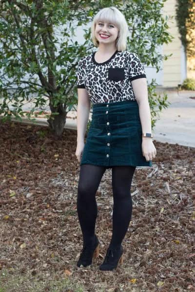 Leopard Print T Shirt with Mini Button Front Skirt