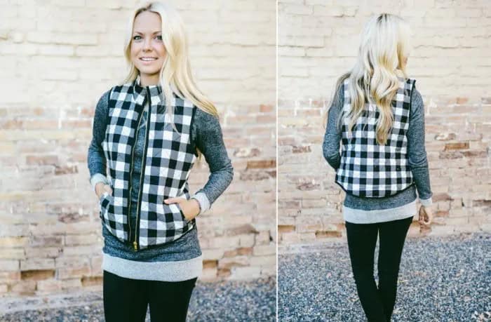 Black and White Plaid Vest Over Grey Long Sweater & Leggings