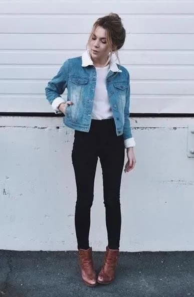 Faux Fur Collar Denim Jacket with White Top & High Rise Skinny Black Jeans