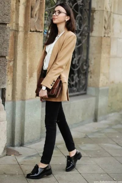 Camel Blazer with Black Skinny Jeans & Oxford Shoes