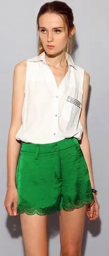 White Sleeveless Shirt with Green Silk and Lace Scalloped Shorts