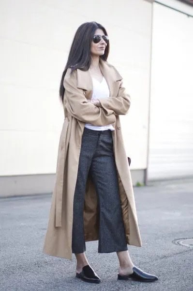 Blush Pink Longline Belted Trench Coat with Grey Flared Chinos & Loafers