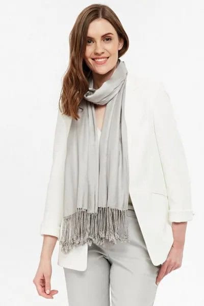 Light Grey Fringe Scarf with White Oversized Blazer