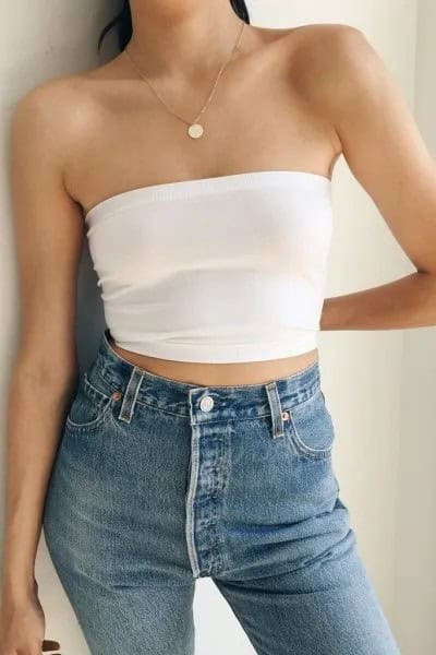 White Cropped Strapless Top with Blue High Rise Skinny Jeans