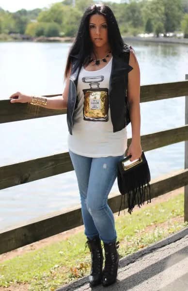 White Printed Tank Top with Leather Vest