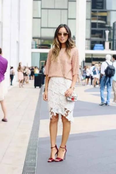 Crochet Half Sleeve Blouse with White Midi Lace Skirt