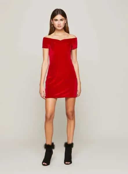 Red Off The Shoulder Mini Dress with Open Toe Boots