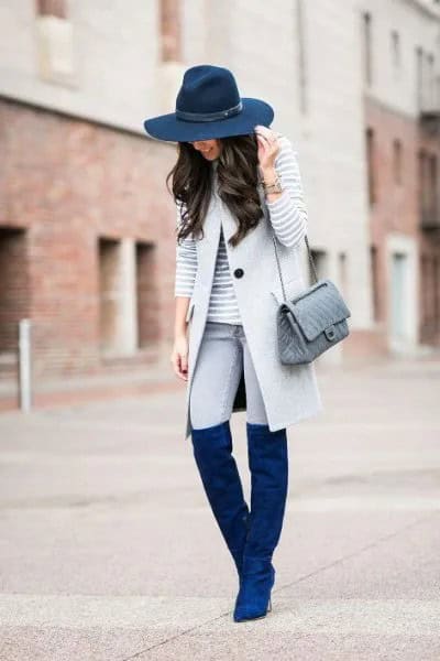 Navy Felt Hat with Matching Knee High Suede Boots