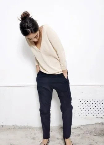 Pale Pink V Neck Sweater with Black Chinos