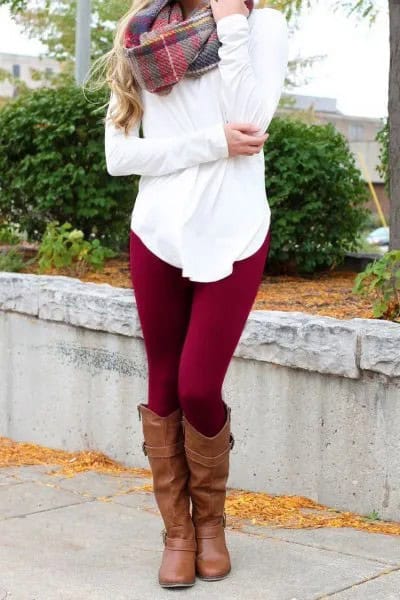 White Tunic T Shirt with Grey Plaid Cashmere Scarf & Burgundy Fleece Leggings