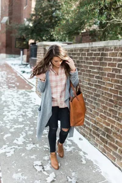 Pink and White Plaid Shirt with Grey Longline Cardigan & Ripped Jeans