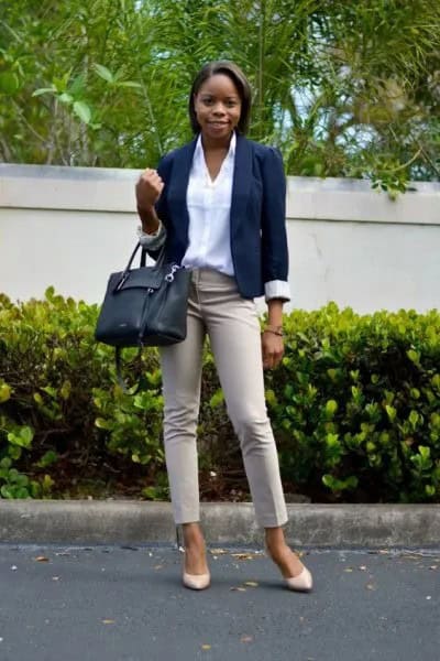 Ivory Khaki Jeans with White Shirt & Navy Blazer