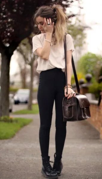 White Tee with Black Skinny Jeans & Combat Boots