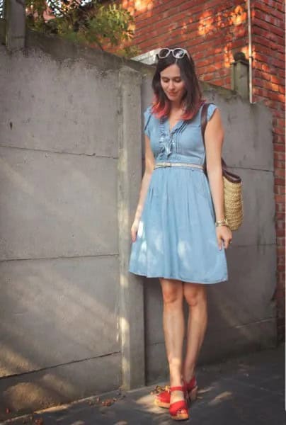 Blue Belted Fit and Flare Knee Length Dress with Red Heels