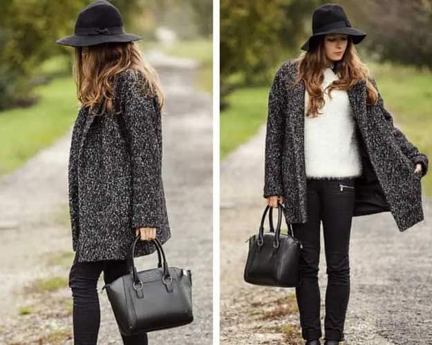 Heather Grey Sweater Coat with Black Floppy Hat & Skinny Jeans