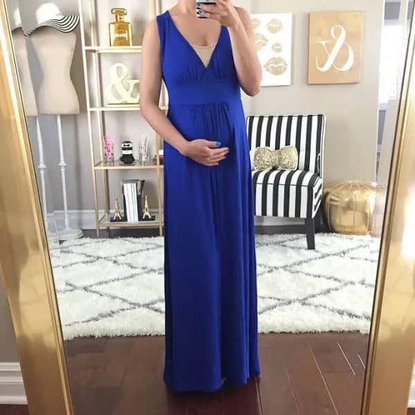 Royal Blue Maxi Jersey Dress with Blush Pink Low Cut Top