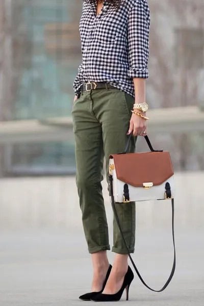 Black and White Checkered Shirt with Cuffed Chinos & Ballet Heels