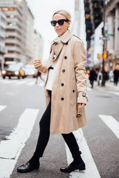 White Turtleneck Sweater with Beige Trench Coat