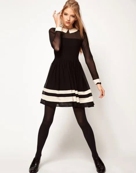 Black and White Striped Semi-Sheer Fit and Flare Mini Dress