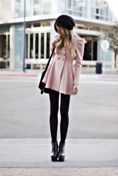 Pale Pink Double Breasted Coat Dress with Black Leggings