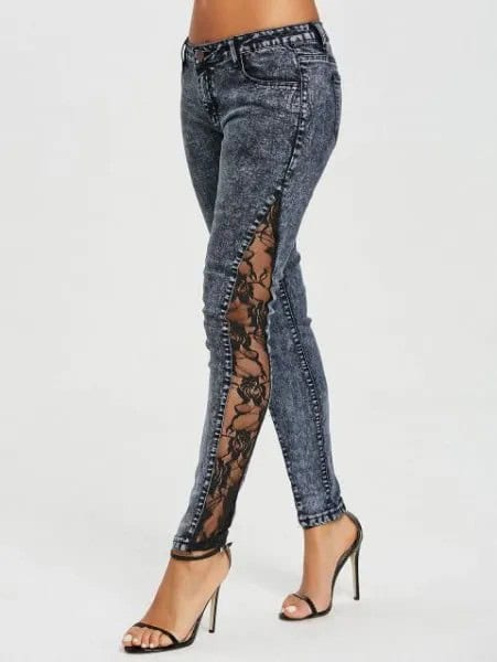 Dark Grey Side Slit Lace Jeans with Black Open Toe Heels