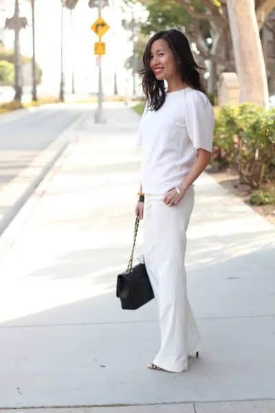 White Short Sleeve Sweater with Wide Leg Dress Pants