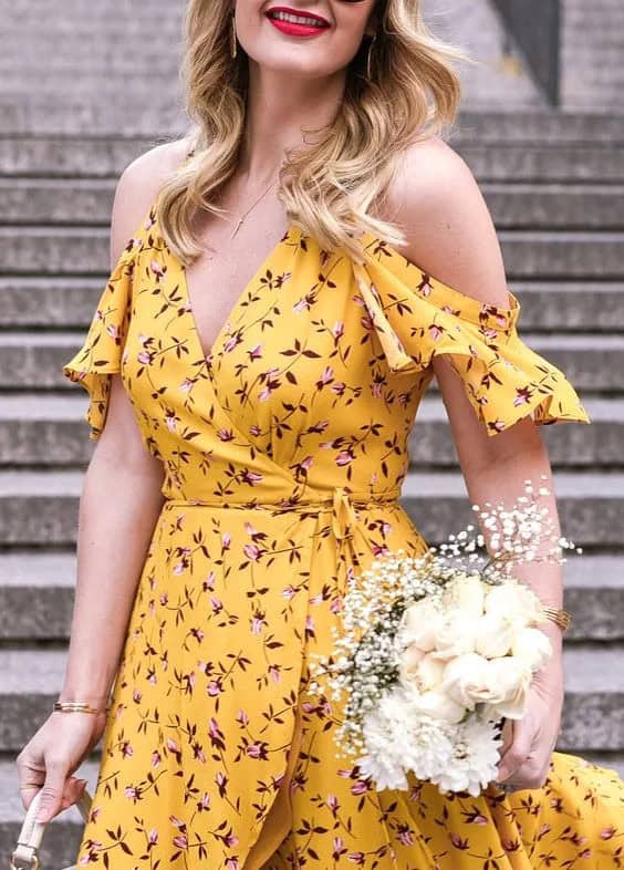 Mustard Floral Cold Shoulder Dress